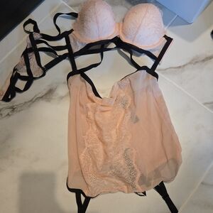 Victoria's Secret Peach and Black Lace Bra Set